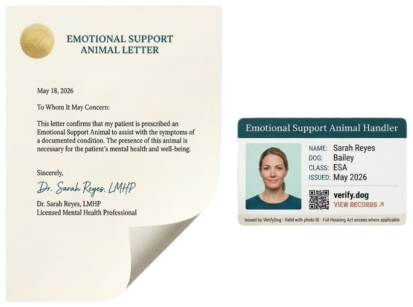 Official ESA letter on cream paper with embossed gold seal, signed by Dr. Sarah Reyes, LMHP, alongside a Verify.Dog handler ID card for Bailey.