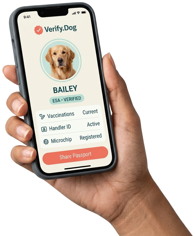 Hand holding a phone showing the Verify.Dog digital passport for Bailey, a golden retriever, with ESA-Verified status and vaccination, handler ID, and microchip records.