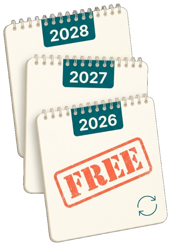 Stack of three spiral-bound calendars dated 2026, 2027, and 2028, with a coral 'FREE' rubber stamp across the 2026 calendar and a small renewal-arrow icon, illustrating that Plus members never re-pay for their yearly ESA letter renewal.