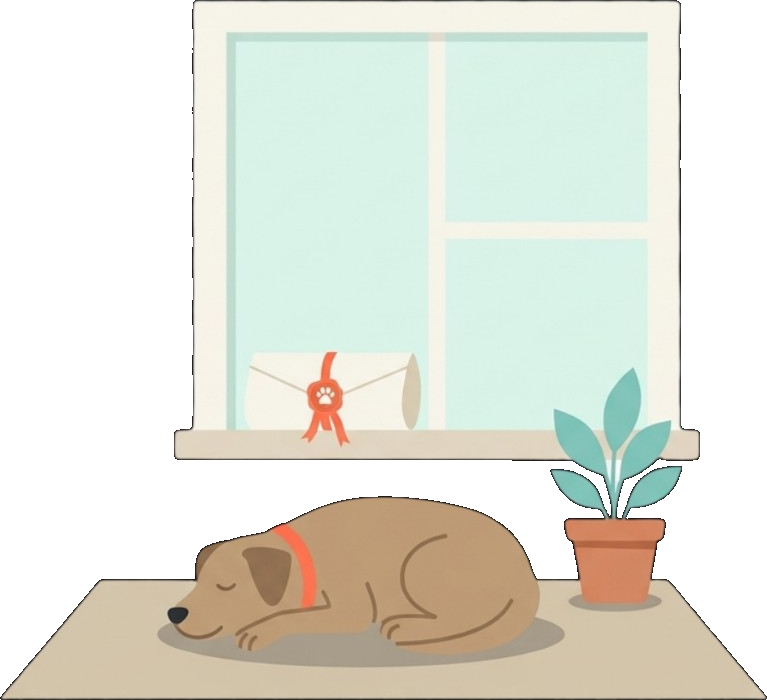 Editorial illustration: a small dog naps on a rug at home, next to a houseplant, with a signed ESA letter â€” sealed with a paw-print ribbon â€” resting on the windowsill above.