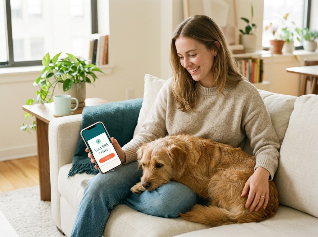 A person sits on a cream sofa in a sunlit apartment, smiling at their mixed-breed emotional support dog curled in their lap, while holding a phone that displays the Waggy ESA letter in the companion app.